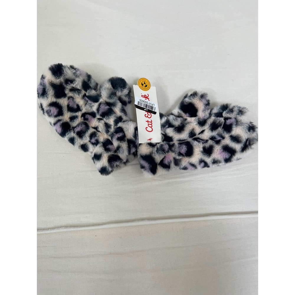 Cat & Jack Girls Faux Fur Leopard Print Mittens Purple Black 4-7
